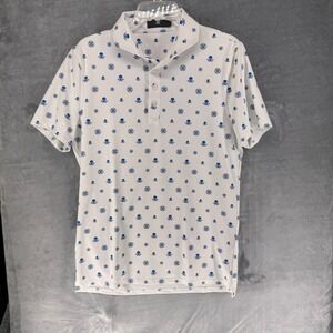 GFore Mens SMALL  White Blue Skull All Over Print Golf Polo Shirt